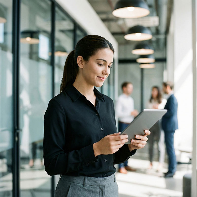 focused-businesswoman-using-tablet-modern-office-corridor focused-businesswoman-using-tablet-modern-office-corridor